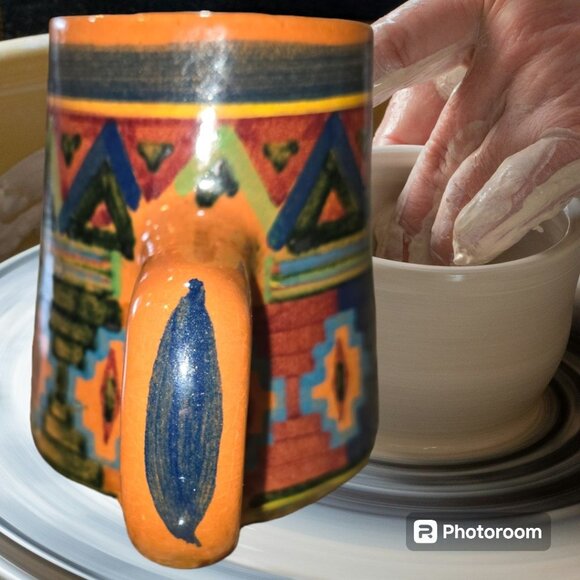 Art Pottery Mug Hand Made Painted Aztec Design Signed 18oz Preowned EUC - Picture 2 of 6